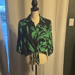 Tropical Leaf Print Button Down Tie Waist Top